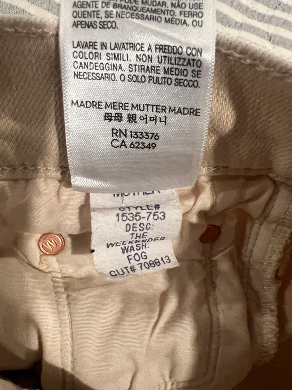 MOTHER The Weekender Mid Rise Flare Jeans Fog Beige Frayed Hem Size 27 - Picture 8 of 11